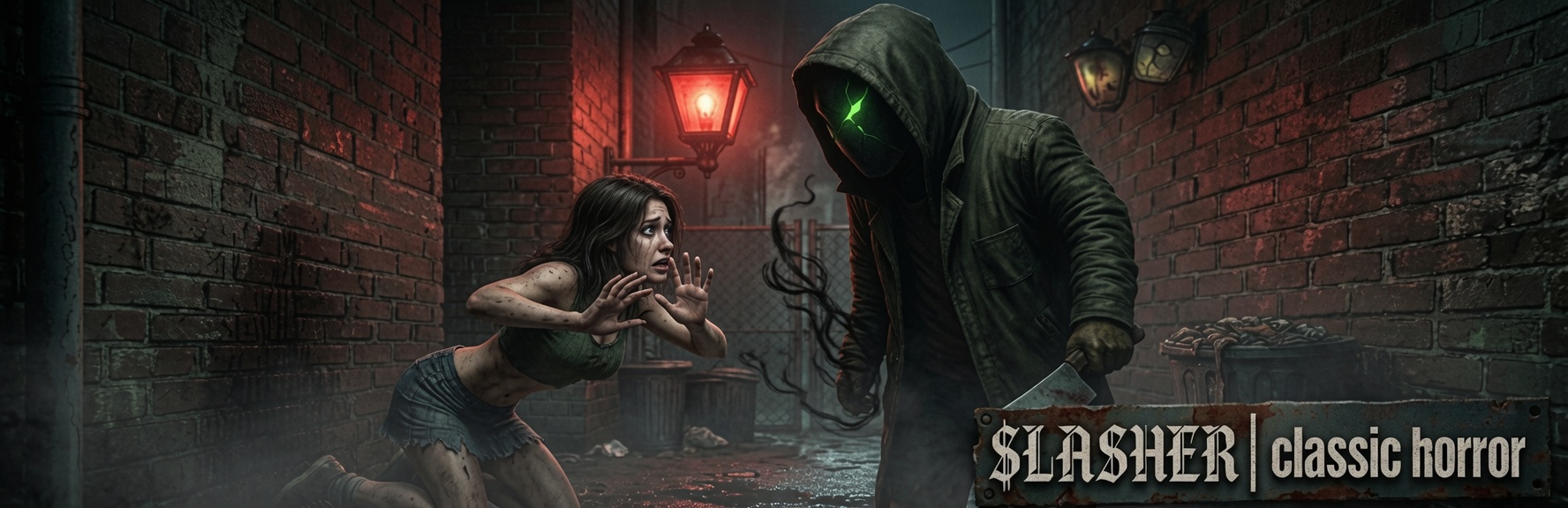 A victim cowers in a dark brick alley under a red lantern as the Slasher approaches with a cleaver