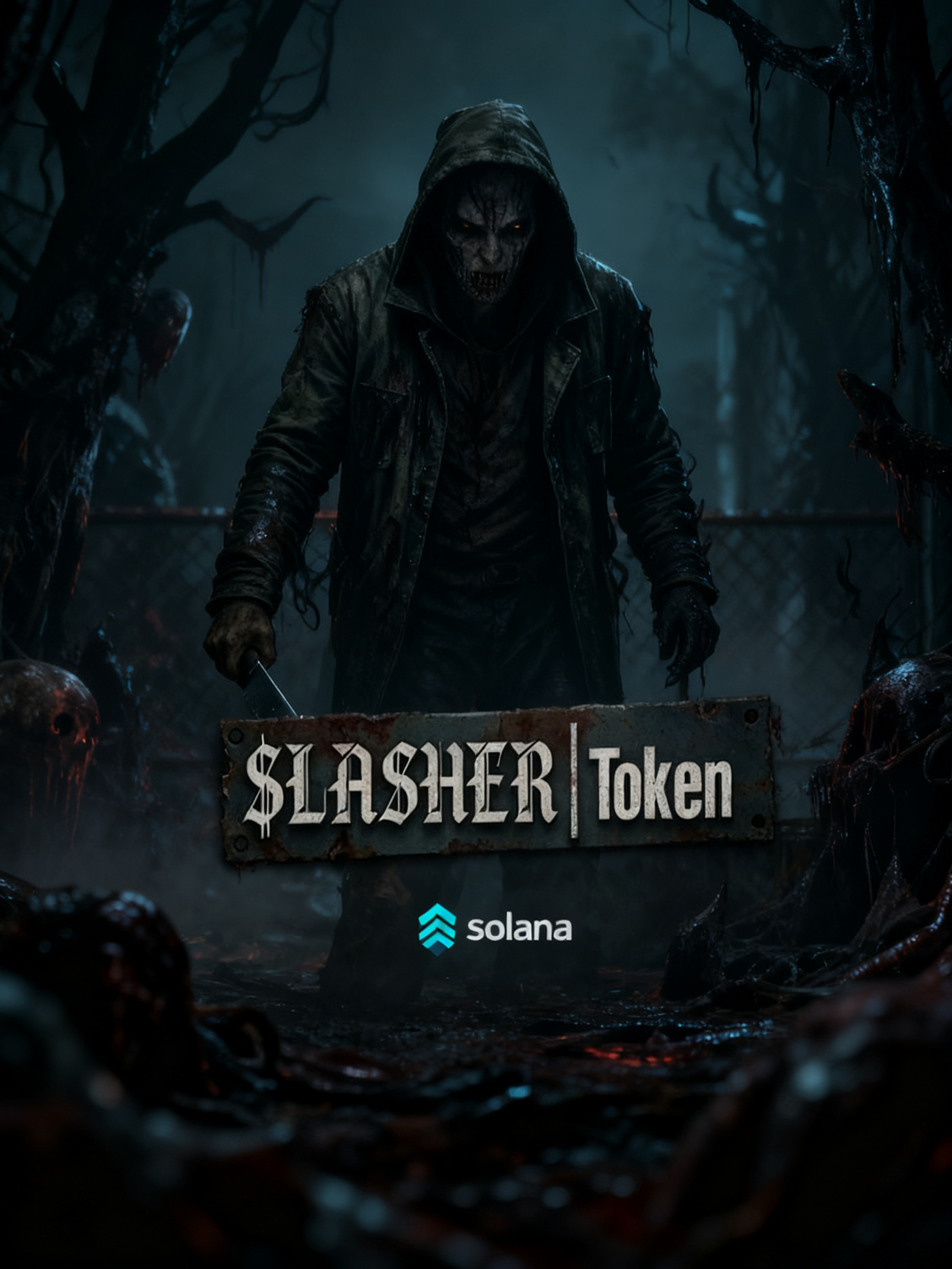 The Slasher stands in a misty graveyard behind a rusted metal sign reading SLASHER Token