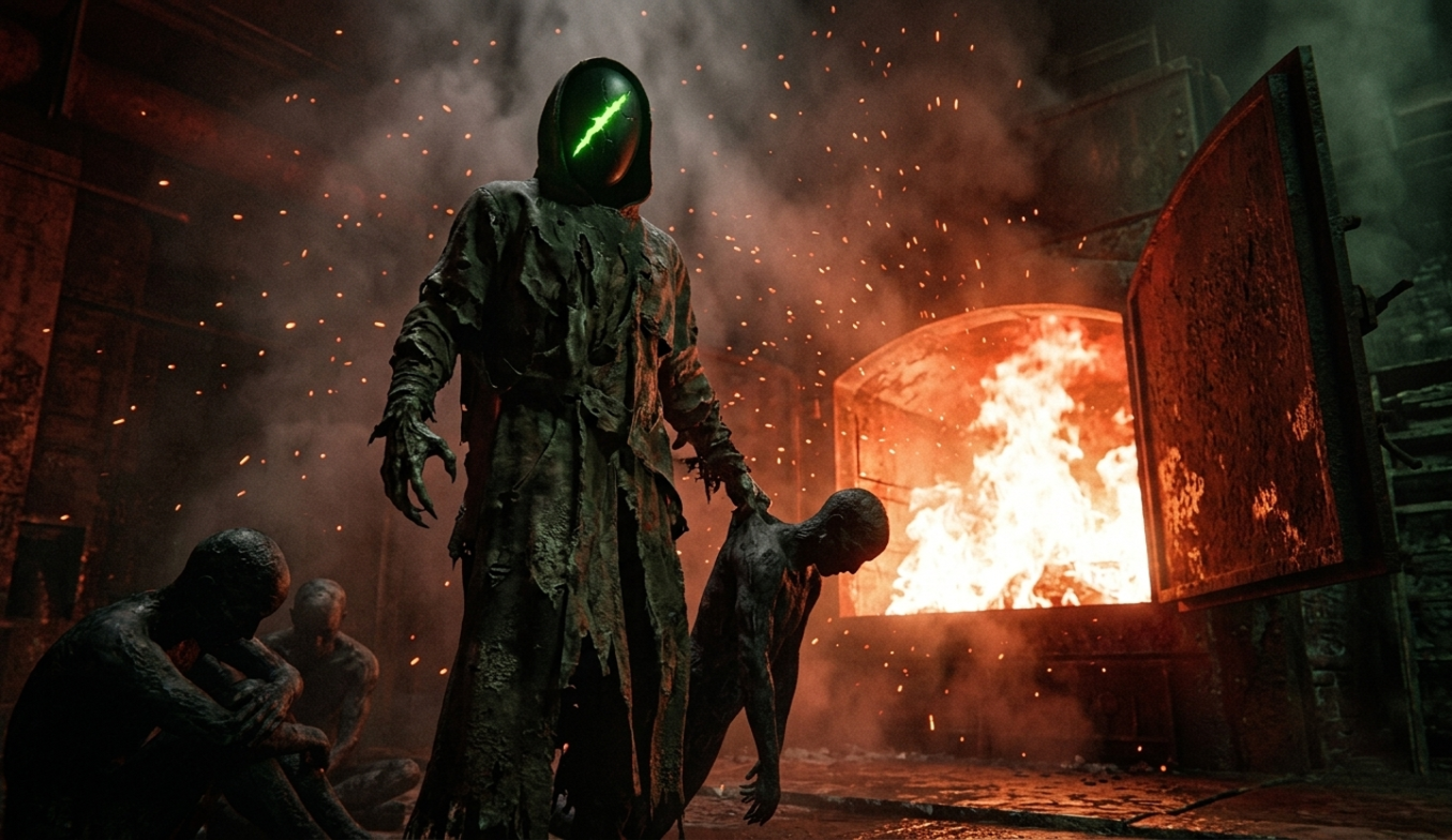 The Slasher drags a body toward a roaring incinerator while figures huddle in the shadows of the furnace room